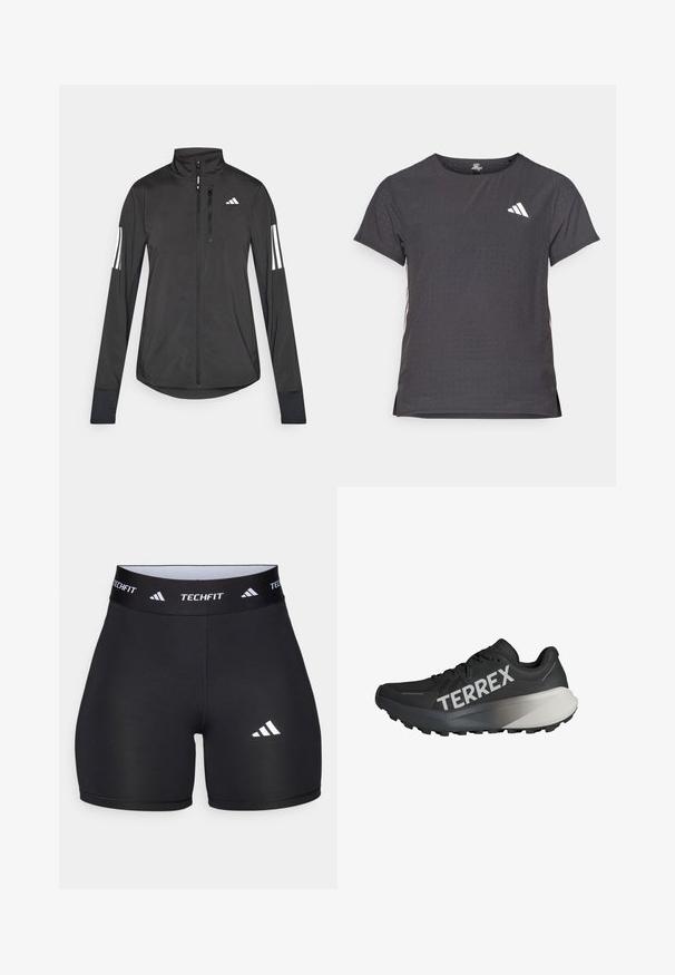 Veste de sport noire en matériau léger. Dotée d'une fermeture éclair sur le devant, d'un col haut et de trois rayures blanches sur chaque manche.; T-shirt de sport à manches courtes, gris foncé avec une texture perforée. Présente un logo blanc et des rayures latérales contrastantes. Encolure arrondie.; Shorts noirs en tissu extensible avec un design ajusté. Dotés d'une large ceinture noire portant l'étiquette "TECHFIT" et d'un logo blanc sur la jambe.; Chaussure de course noire avec une tige texturée, logo "TERREX" bien visible en blanc, design de semelle effilée et un accent dégradé gris au niveau du talon.