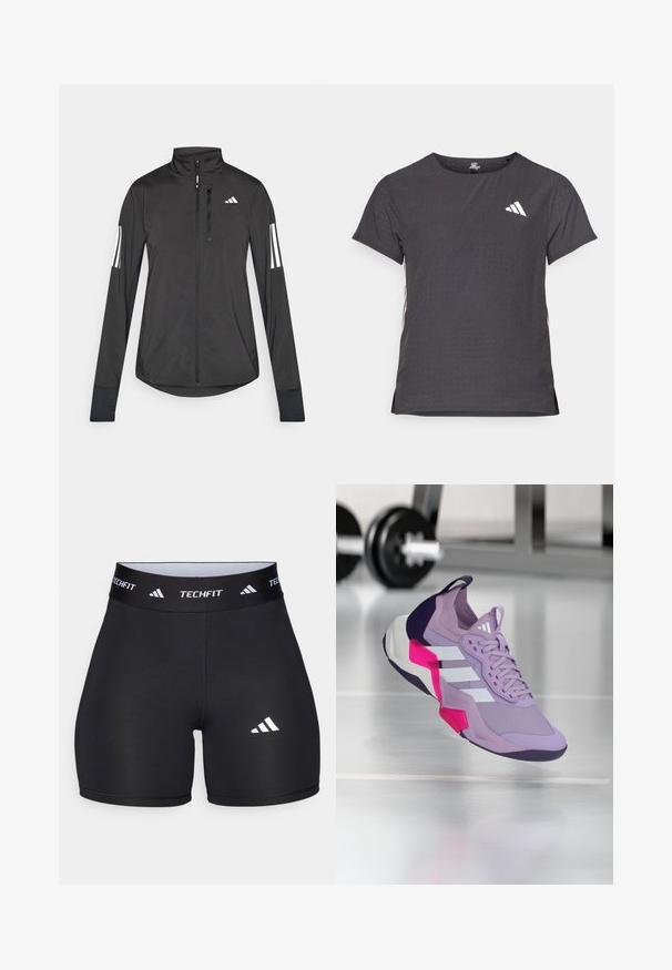 Veste de sport noire en matériau léger. Dotée d'une fermeture éclair sur le devant, d'un col haut et de trois rayures blanches sur chaque manche.; T-shirt de sport à manches courtes, gris foncé avec une texture perforée. Présente un logo blanc et des rayures latérales contrastantes. Encolure arrondie.; Shorts noirs en tissu extensible avec un design ajusté. Dotés d'une large ceinture noire portant l'étiquette "TECHFIT" et d'un logo blanc sur la jambe.; Chaussure de sport violette avec empeigne en mesh, rayures blanches, accents rose et noir, col rembourré et semelle texturée, conçue pour la performance.