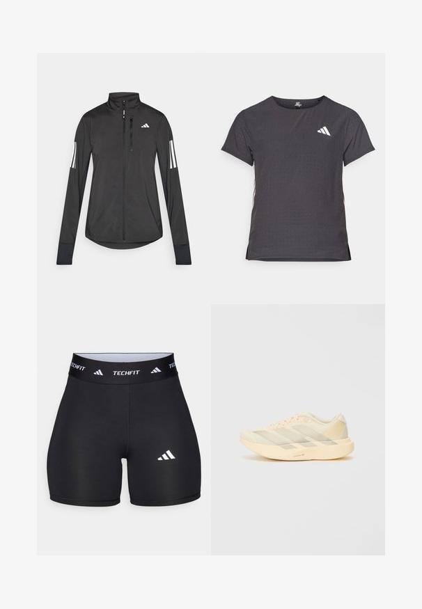 Melnā sporta jaka, izgatavota no viegla materiāla. Tajā ir priekšējais rāvējslēdzis, augsta apkakle un trīs baltas svītras katrā piedurknē.; Īsām piedurkņu sporta T-krekls, tumši pelēks ar perforētu tekstūru. Iespējots ar baltu logotipu un kontrastējošām sānu svītrām. Apaļa kakla izgriezums.; Melnas šortus, izgatavotus no elastīga auduma, ar pieguļošu dizainu. Iezīmēts ar plašu melnu jostasvietu, uz kuras ir uzraksts "TECHFIT", un ar baltu logotipu uz kājas.; Viegls sporta apavu modelis gaiši dzeltenā un krēmkrāsā, ar teksturētu sietu augšdaļu, trim diognālām svītrām un biezu zoli ar "LIGHTSTRIKE PRO" detaļu.