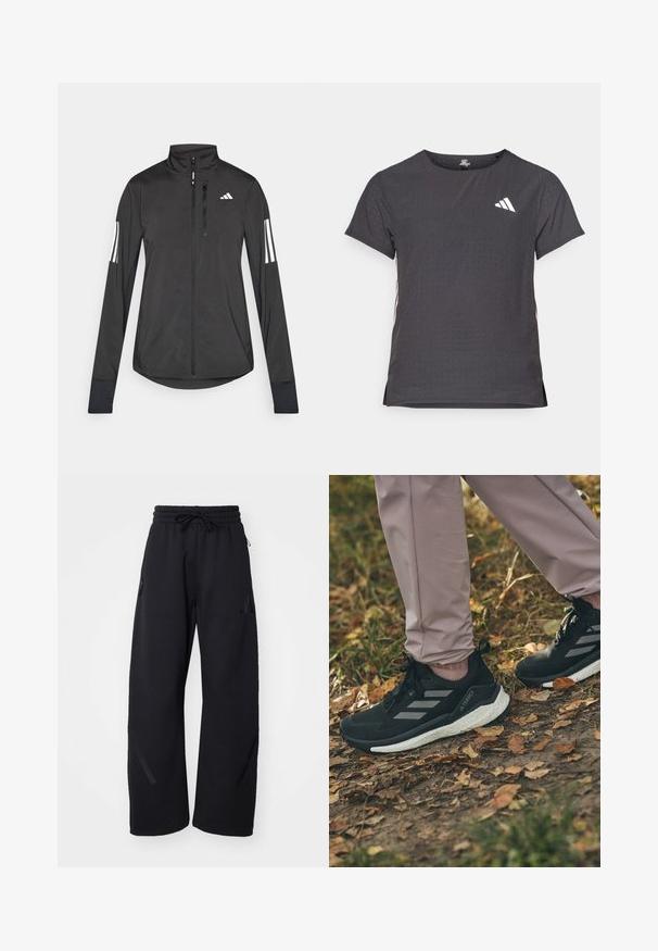 Czarna sportowa kurtka wykonana z lekkiego materiału. Posiada zamek błyskawiczny z przodu, wysoki kołnierz oraz trzy białe paski na każdym rękawie.; Koszulka sportowa z krótkim rękawem, ciemnoszara z perforowaną teksturą. Posiada białe logo oraz kontrastowe paski po bokach. Okrągły dekolt.; Czarne dresy z elastycznym paskiem w talii, sznurkiem, dwoma bocznymi kieszeniami oraz subtelnymi paskami po bokach. Miękka tekstura materiału.; Czarne buty sportowe z jasnoszarymi paskami, z teksturowaną cholewką, białą, amortyzującą podeszwą, noszone z jasnoróżowymi spodniami, na pokrytym liśćmi podłożu.
