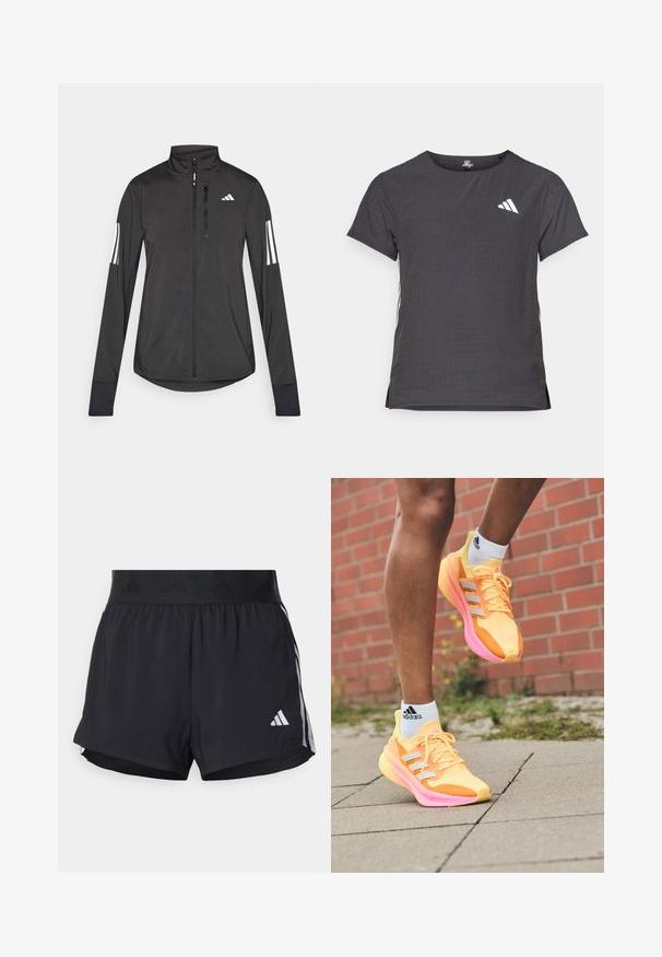 Jachetă sport neagră din material ușor. Are un fermoar frontal, guler înalt și trei dungi albe pe fiecare manșon.; Tricou athletic cu mânecă scurtă, gri închis, cu textură perforată. Prezentă un logo alb și dungi contrastante pe laterale. Guler rotunjit.; Shorts de atletism negri cu un brâu elastic, având o bandă texturată, dungi laterale și un logo alb Adidas pe tivul de jos.; Pantofi de alergare galbeni strălucitori cu accente roz și dungi albe, având un exterior din plasă, un design ușor și o talpă texturată.