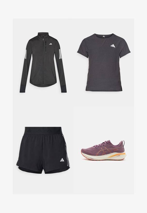 Černá atletická bunda vyrobená z lehkého materiálu. Má přední zip, vysoký límec a tři bílé pruhy na každém rukávu.; Kraťasový sportovní tričko, tmavě šedé barvy s perforovanou texturou. Obsahuje bílé logo a kontrastní boční pruhy. Kulatý výstřih.; Černé sportovní šortky s elastickým pasem, s texturovaným páskem, bočními pruhy a bílým logem Adidas na dolním lemu.; Fialová běžecká obuv s texturovaným svrškem, oranžovými akcenty, polstrovanou podrážkou a výrazným logem na boku. Obsahuje šňůrky a poutko na patě.