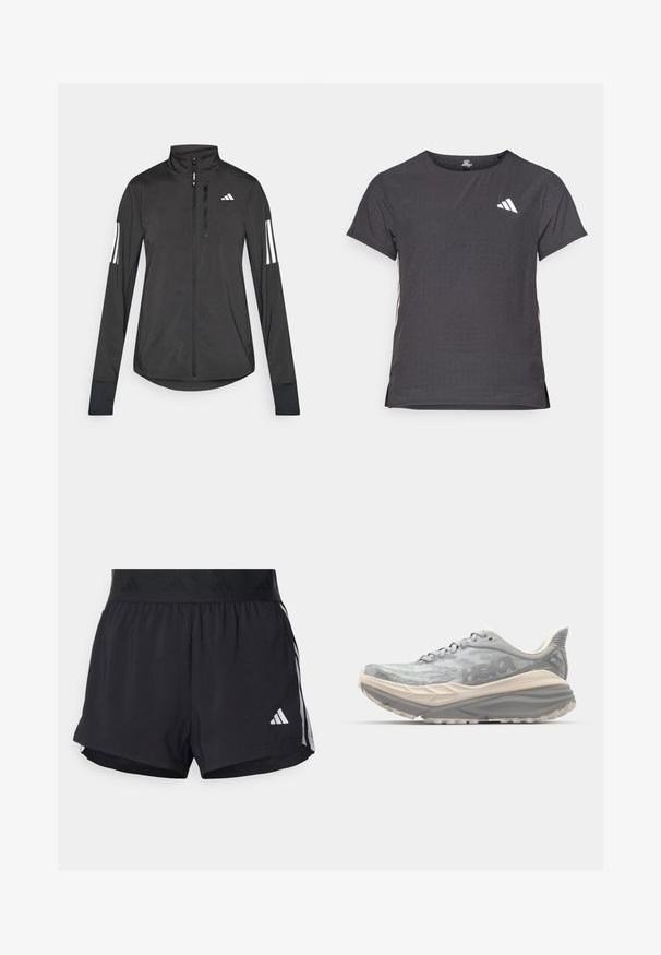 Černá atletická bunda vyrobená z lehkého materiálu. Má přední zip, vysoký límec a tři bílé pruhy na každém rukávu.; Kraťasový sportovní tričko, tmavě šedé barvy s perforovanou texturou. Obsahuje bílé logo a kontrastní boční pruhy. Kulatý výstřih.; Černé sportovní šortky s elastickým pasem, s texturovaným páskem, bočními pruhy a bílým logem Adidas na dolním lemu.; Světlě šedá sportovní bota s texturovaným síťovým svrškem, silnou polstrovanou podrážkou a zesílenou patou. Má ploché tkaničky a nenápadné logo.