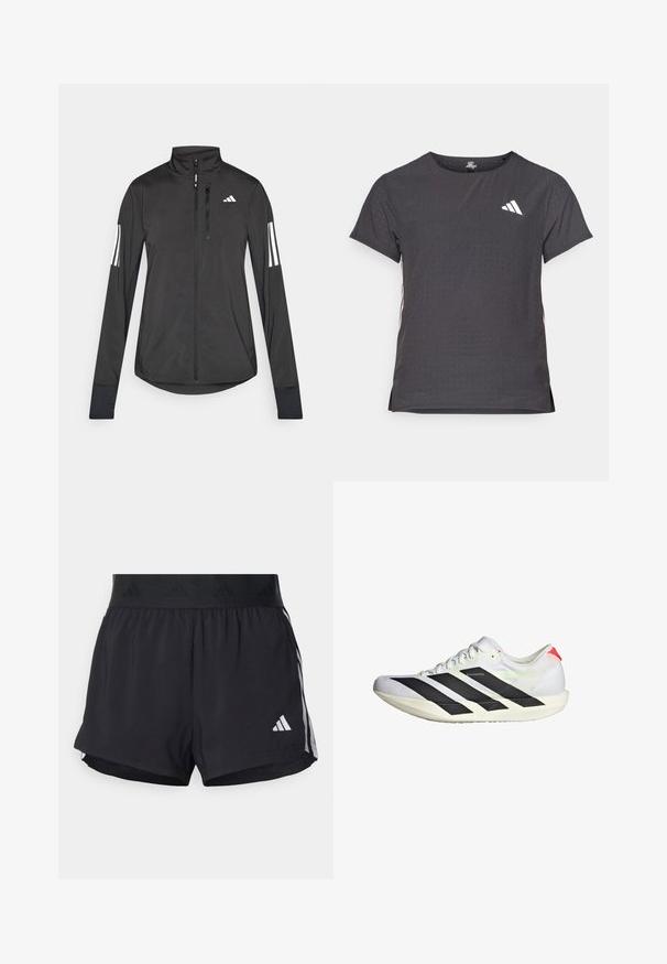 Juodas sportinis švarkas, pagamintas iš lengvos medžiagos. Yra priekinis užtrauktukas, aukšta apykaklė ir trys baltos juostos kiekviename rankovėje.; Trumpas rankovėmis sportinis marškinėlis, tamsiai pilkas, su perforuota tekstūra. Yra baltas logotipas ir kontrastingos šoninės juostos. Iškirptė suapvalinta.; Juodos sportinės šortai su elastinga juosta, su tekstūruota juosta, šoninėmis juostelėmis ir baltu Adidas logotipu apatinėje dalyje.; Baldos sportiniai bateliai su juodomis juostomis, tekstūruota tinkliniu viršumi, plokščiu padu ir atspindinčiomis detalėmis. Savybės: modernus dizainas ir raišteliais užsegimas.