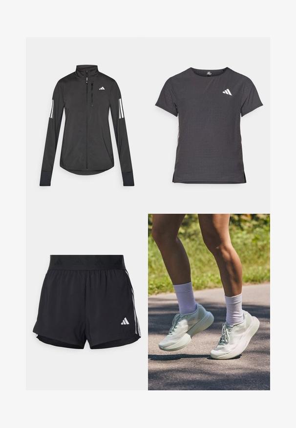 Veste de sport noire en matériau léger. Dotée d'une fermeture éclair sur le devant, d'un col haut et de trois rayures blanches sur chaque manche.; T-shirt de sport à manches courtes, gris foncé avec une texture perforée. Présente un logo blanc et des rayures latérales contrastantes. Encolure arrondie.; Shorts de sport noirs avec une taille élastique, dotés d'une bande texturée, de rayures sur les côtés, et d'un logo Adidas blanc sur l'ourlet inférieur.; Baskets de sport d'un vert menthe clair avec une texture lisse, un bout arrondi et une semelle épaisse. Associées à des chaussettes blanches au niveau de la cheville, montrées en mouvement sur un chemin.