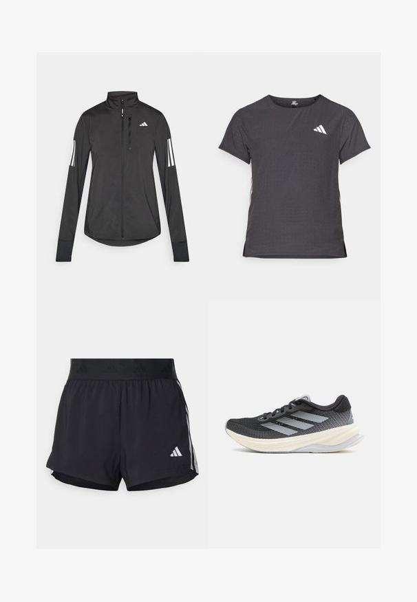 Čierna športová bunda vyrobená z ľahkého materiálu. Má zips vpredu, vysoký golier a tri biele pruhy na každom rukáve.; Tričko s krátkym rukávom pre šport, tmavosivé s perforovanou textúrou. Obsahuje biele logo a kontrastné bočné pruhy. Okrúhly výstrih.; Čierne športové šortky s elastickým pásom, ktorý má textúrovanú pruh, bočné pruhy a biely logo Adidas na dolnom leme.; adidas Performance SUPERNOVA SOLUTION - Cestná bežecká obuv - core black/halo silver/dash grey