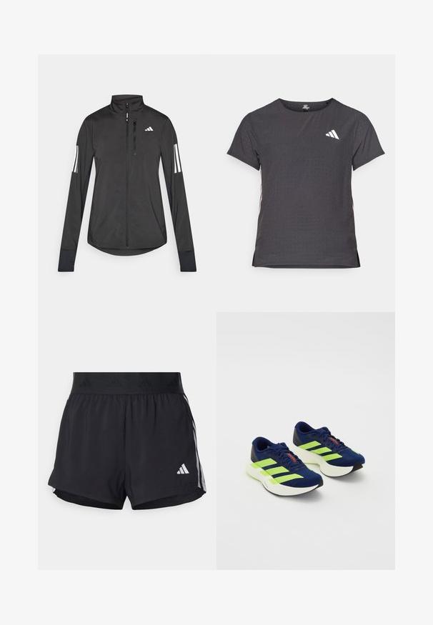 Juodas sportinis švarkas, pagamintas iš lengvos medžiagos. Yra priekinis užtrauktukas, aukšta apykaklė ir trys baltos juostos kiekviename rankovėje.; Trumpas rankovėmis sportinis marškinėlis, tamsiai pilkas, su perforuota tekstūra. Yra baltas logotipas ir kontrastingos šoninės juostos. Iškirptė suapvalinta.; Juodos sportinės šortai su elastinga juosta, su tekstūruota juosta, šoninėmis juostelėmis ir baltu Adidas logotipu apatinėje dalyje.; Jūros mėlynumo bėgimo batai su neoninių žalių juostų akcentais, tekstūruotas viršus, paminkštintas baltas padas, su raišteliais ir raudonu akcentu ant liežuvėlio.