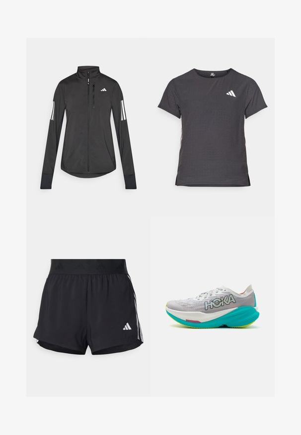 Svart treningsjakke laget av lett materiale. Har glidelås foran, høy krage og tre hvite striper på hver erme.; Kortermet treningstrøye, mørkegrå med perforert tekstur. Har en hvit logo og kontrasterende side-striper. Rund halslinje.; Sorte treningsshorts med elastisk midjebånd, med en teksturert stripe, sidestriper og hvit Adidas-logo på den nedre kanten.; Løpesko med en hvit og grå pustende mesh-overdel, lys turkis såle og HOKA-merke. Har en polstret design med detaljer.
