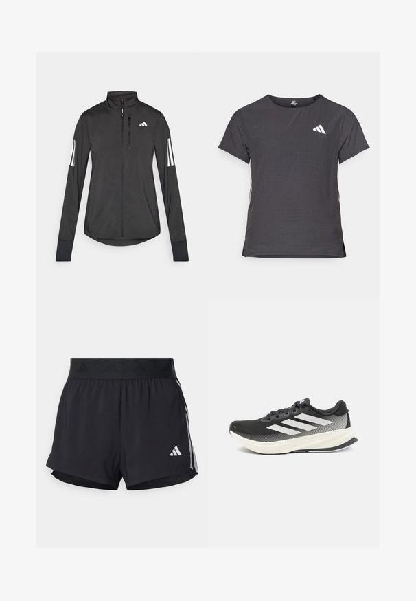 Črna športna jakna iz lahkega materiala. Ima sprednji zadrgo, visok ovratnik in tri bele črte na vsaki rokavi.; Kratka športna majica s kratkimi rokavi, temno siva z perforirano teksturo. Ima bel logotip in kontrastne stranske črte. Okrogel ovratnik.; Črne atletske kratke hlače z elastičnim pasom, ki vsebuje teksturirano obrobo, stranske črte in belo Adidasovo logotip na spodnjem robu.; Črne atletske čevlje z mrežastim zgornjim delom, belimi poudarki in debelim belim podplatom. Imajo vezalke in nizkoprofilno zasnovo.