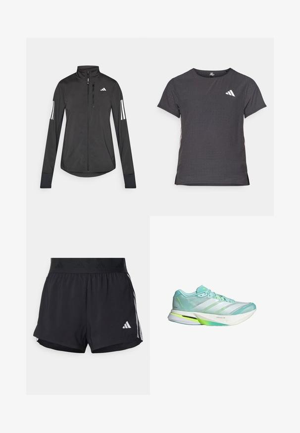 Crni sportski jakna napravljena od laganog materijala. Ima prednji zatvarač, visoki ovratnik i tri bijele pruge na svakoj rukavu.; Majica kratkih rukava za sport, tamno siva s perforiranim uzorkom. Ima bijeli logo i kontrastne bočne pruge. Zaobljeni izrez.; Crne atletske kratke hlače s elastičnim pojasom, s teksturiranim pojasom, bočnim prugama i bijelim Adidas logotipom na donjem rubu.; Lagana trkačka obuća u mint zelenoj i bijeloj boji, s mrežastim gornjim dijelom i fleksibilnom potplatom. Ima tri pruge i teksturirani petni dio.
