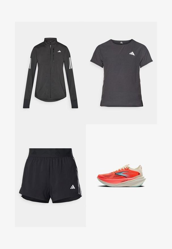 Giacchetto sportivo nero realizzato in materiale leggero. Presenta una chiusura frontale con zip, colletto alto e tre strisce bianche su ciascun manica.; T-shirt atletico a maniche corte, grigio scuro con texture perforata. Presenta un logo bianco e strisce laterali a contrasto. Girocollo.; Pantaloni sportivi neri con cintura elasticizzata, dotati di una banda testurizzata, strisce laterali e un logo Adidas bianco sull'orlo inferiore.; Scarpa da corsa Brooks Hyperion Max in un vivace corallo e crema, con tomaia in mesh traspirante, ampia intersuola e accenti di suola azzurra leggera.