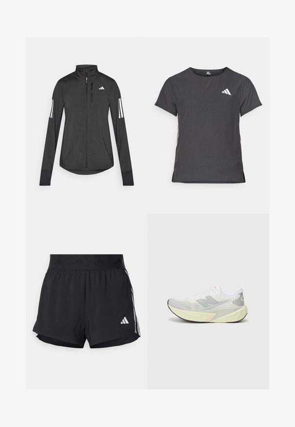 Veste de sport noire en matériau léger. Dotée d'une fermeture éclair sur le devant, d'un col haut et de trois rayures blanches sur chaque manche.; T-shirt de sport à manches courtes, gris foncé avec une texture perforée. Présente un logo blanc et des rayures latérales contrastantes. Encolure arrondie.; Shorts de sport noirs avec une taille élastique, dotés d'une bande texturée, de rayures sur les côtés, et d'un logo Adidas blanc sur l'ourlet inférieur.; Chaussure de course légère avec une tige en maille grise et blanche, un logo 'N' bien en évidence et une semelle intermédiaire jaune avec des accents angulaires. Semelle extérieure noire.