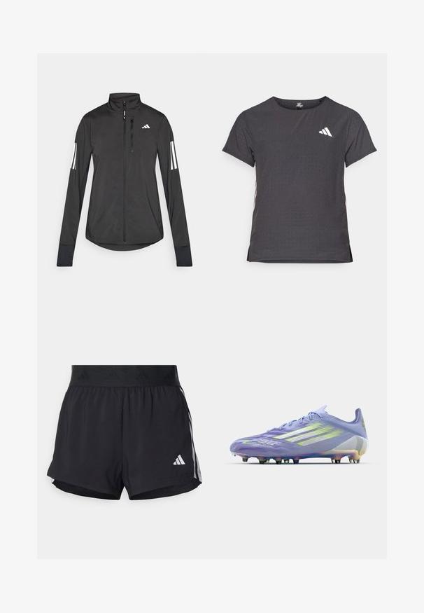 Crni sportski jakna napravljena od laganog materijala. Ima prednji zatvarač, visoki ovratnik i tri bijele pruge na svakoj rukavu.; Majica kratkih rukava za sport, tamno siva s perforiranim uzorkom. Ima bijeli logo i kontrastne bočne pruge. Zaobljeni izrez.; Crne atletske kratke hlače s elastičnim pojasom, s teksturiranim pojasom, bočnim prugama i bijelim Adidas logotipom na donjem rubu.; Svijetloljubičaste nogometne kopačke s iridescentnim detaljima, teksturiranim uzorkom na gornjem dijelu, šest crnih kopči i tri bijele pruge sa strane.
