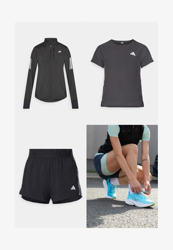 Černá atletická bunda vyrobená z lehkého materiálu. Má přední zip, vysoký límec a tři bílé pruhy na každém rukávu.; Kraťasový sportovní tričko, tmavě šedé barvy s perforovanou texturou. Obsahuje bílé logo a kontrastní boční pruhy. Kulatý výstřih.; Černé sportovní šortky s elastickým pasem, s texturovaným páskem, bočními pruhy a bílým logem Adidas na dolním lemu.; Lehké tyrkysové běžecké boty s texturovanou síťovinou, bílými podrážkami a zelenými akcenty, které si někdo zavazuje na chodníku.