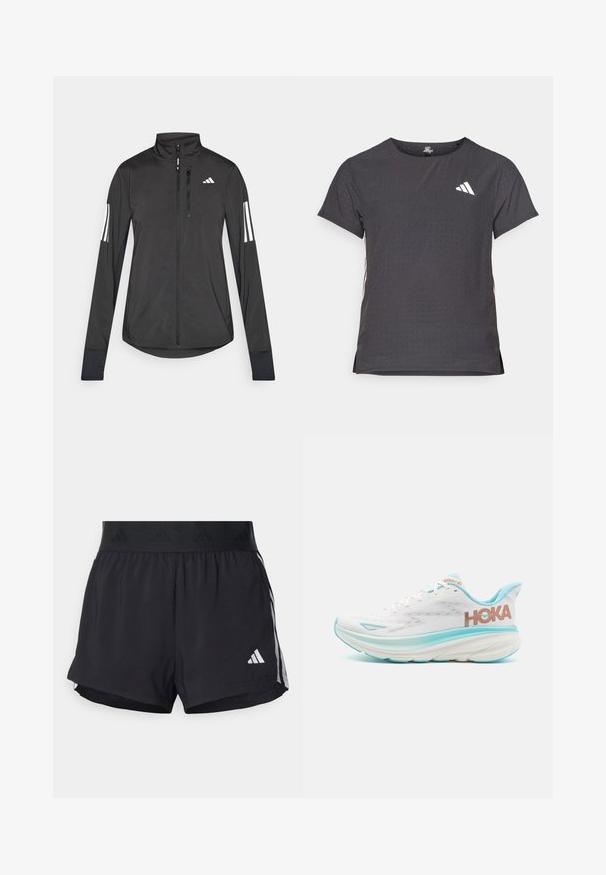 Crni sportski jakna napravljena od laganog materijala. Ima prednji zatvarač, visoki ovratnik i tri bijele pruge na svakoj rukavu.; Majica kratkih rukava za sport, tamno siva s perforiranim uzorkom. Ima bijeli logo i kontrastne bočne pruge. Zaobljeni izrez.; Crne atletske kratke hlače s elastičnim pojasom, s teksturiranim pojasom, bočnim prugama i bijelim Adidas logotipom na donjem rubu.; HOKA CLIFTON 9 - Tenisice - frost/rose gold