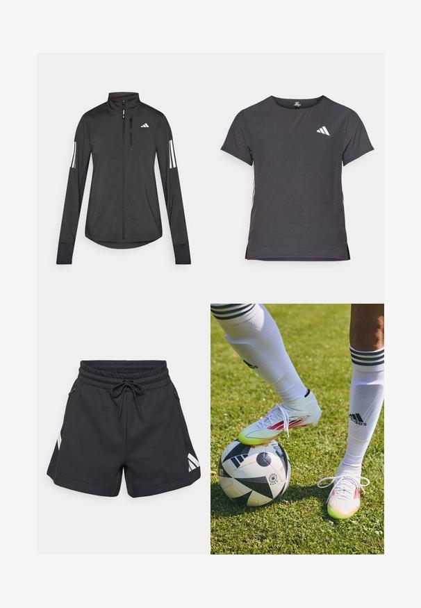 Chaqueta deportiva negra hecha de material ligero. Cuenta con una cremallera frontal, un cuello alto y tres franjas blancas en cada manga.; Camiseta atlética de manga corta, gris oscuro con textura perforada. Presenta un logo blanco y rayas laterales en contraste. Escote redondeado.; Pantalones cortos deportivos negros con cintura elástica y cordón. Cuenta con dos bolsillos laterales y un acento diagonal blanco del logo en un lado.; Botas de fútbol blancas con acentos rojos, reposando sobre un balón de fútbol en blanco y negro, en un campo de hierba con calcetas blancas y rayas visibles.