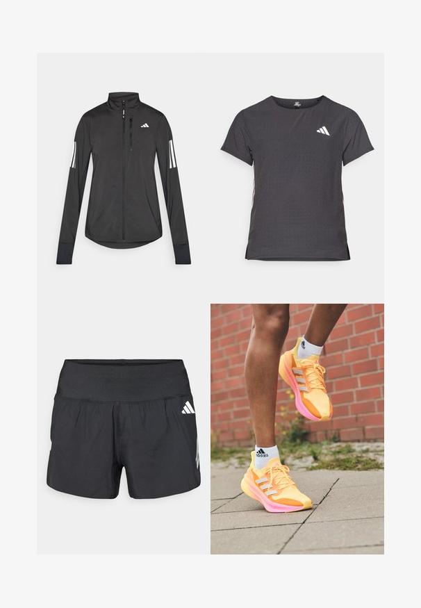 Schwarze Sportjacke aus leichtem Material. Mit einem Frontreißverschluss, hohem Kragen und drei weißen Streifen an jedem Ärmel.; Kurze Ärmel Sport-T-Shirt, dunkelgrau mit durchbrochener Textur. Enthält ein weißes Logo und kontrastierende Seitenstreifen. Runder Ausschnitt.; Schwarze Sportshorts mit einem breiten elastischen Bund, leichtem Stoff und weißen Logoakzenten an der unteren Seite.; Helle gelbe Laufschuhe mit pinken Akzenten und weißen Streifen, ausgestattet mit einem Obermaterial aus Mesh, leichtem Design und strukturiertem Profil.