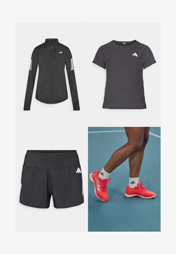 Black athletic jacket made of lightweight material. Features a front zipper, high collar, and three white stripes on each sleeve.; Short-sleeve athletic t-shirt, dark gray with perforated texture. Features a white logo and contrasting side stripes. Rounded neckline.; Black athletic shorts featuring a wide elastic waistband, lightweight fabric, and white logo accents on the lower side.; Bright pink athletic shoes with white accents and laces, featuring a smooth texture and a rubber sole, worn with white Adidas socks.