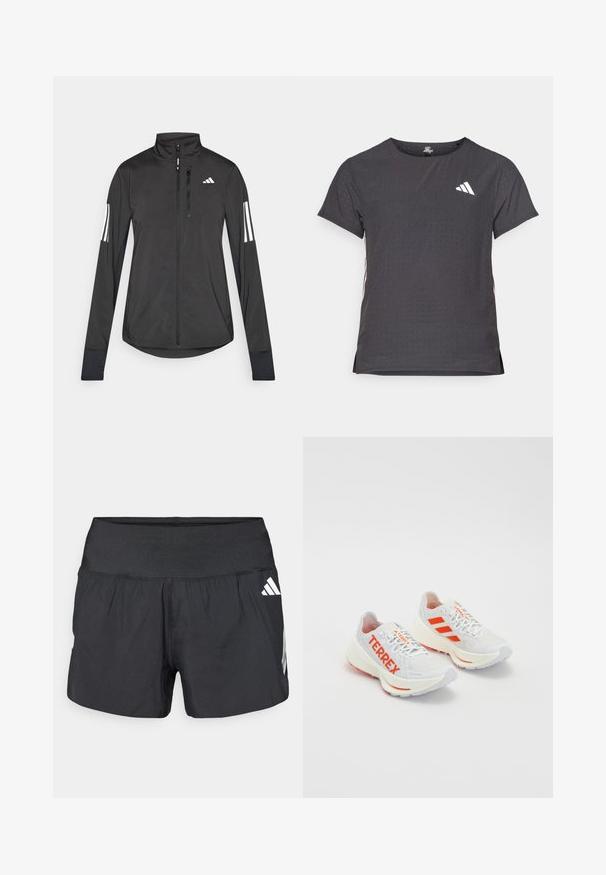 Veste de sport noire en matériau léger. Dotée d'une fermeture éclair sur le devant, d'un col haut et de trois rayures blanches sur chaque manche.; T-shirt de sport à manches courtes, gris foncé avec une texture perforée. Présente un logo blanc et des rayures latérales contrastantes. Encolure arrondie.; Shorts athlétiques noirs avec une large ceinture élastique, un tissu léger et des accents de logo blanc sur le bas côté.; Baskets de course blanches avec des accents orange. Matériau en mesh, bout arrondi et semelle intermédiaire épaisse. "TERREX" imprimé sur le côté latéral et trois bandes au niveau du talon.