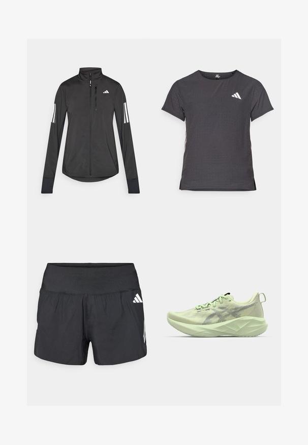 Giacchetto sportivo nero realizzato in materiale leggero. Presenta una chiusura frontale con zip, colletto alto e tre strisce bianche su ciascun manica.; T-shirt atletico a maniche corte, grigio scuro con texture perforata. Presenta un logo bianco e strisce laterali a contrasto. Girocollo.; Pantaloncini sportivi neri con una fascia elastica larga in vita, tessuto leggero e dettagli del logo bianco sul lato inferiore.; Scarpa da atletica verde chiaro con tomaia in rete, dettagli testurizzati e suola spessa e angolare per un maggiore ammortizzamento e supporto.