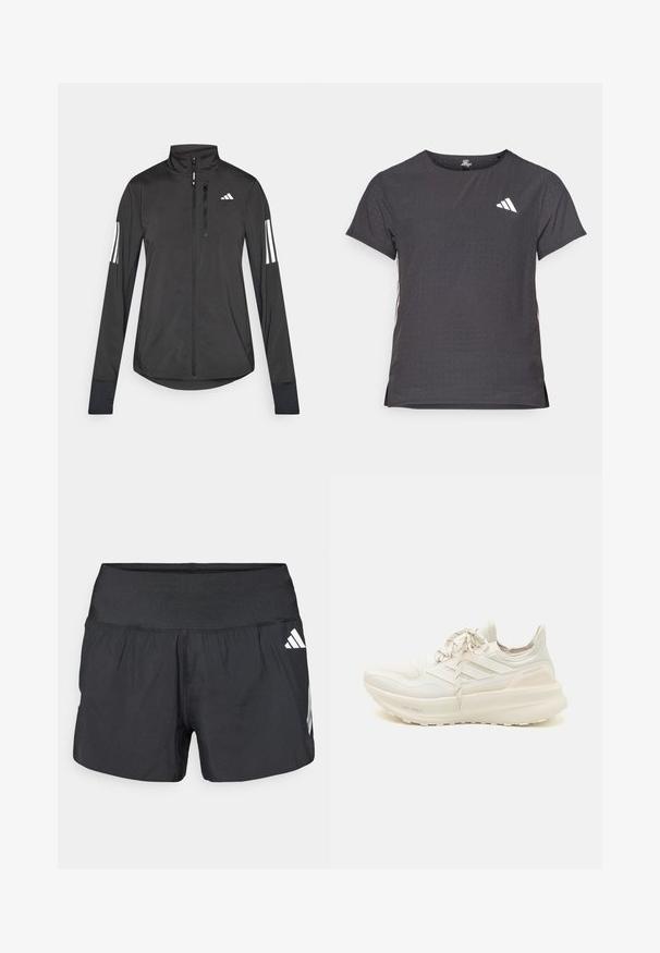 Black athletic jacket made of lightweight material. Features a front zipper, high collar, and three white stripes on each sleeve.; Short-sleeve athletic t-shirt, dark gray with perforated texture. Features a white logo and contrasting side stripes. Rounded neckline.; Black athletic shorts featuring a wide elastic waistband, lightweight fabric, and white logo accents on the lower side.; White athletic shoe featuring a textured upper, three-stripe design, light cushioning, and a split-color heel accent. Lightweight sole technology.