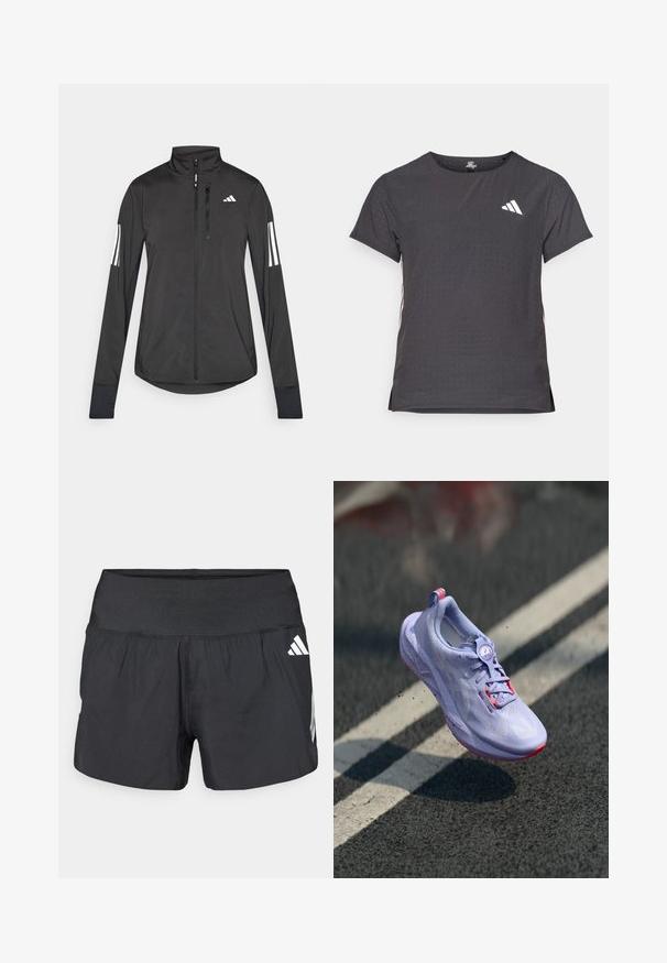 Black athletic jacket made of lightweight material. Features a front zipper, high collar, and three white stripes on each sleeve.; Short-sleeve athletic t-shirt, dark gray with perforated texture. Features a white logo and contrasting side stripes. Rounded neckline.; Black athletic shorts featuring a wide elastic waistband, lightweight fabric, and white logo accents on the lower side.; Light purple running shoe with a textured upper, pink accents, a round lacing mechanism, and a speckled sole, elevated above a pavement background.