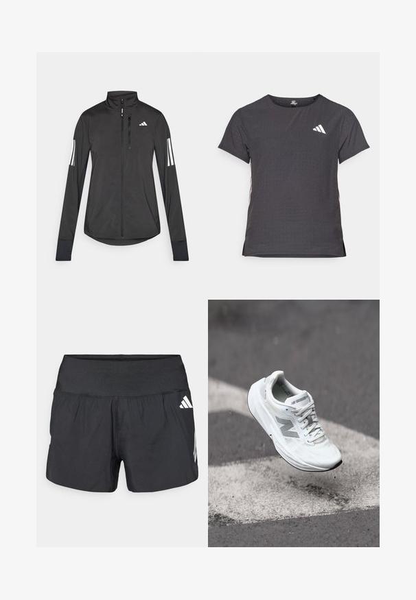 Black athletic jacket made of lightweight material. Features a front zipper, high collar, and three white stripes on each sleeve.; Short-sleeve athletic t-shirt, dark gray with perforated texture. Features a white logo and contrasting side stripes. Rounded neckline.; Black athletic shorts featuring a wide elastic waistband, lightweight fabric, and white logo accents on the lower side.; White running shoe with a textured mesh upper, gray accents, and a cushioned sole, displayed mid-air above a pavement marking.