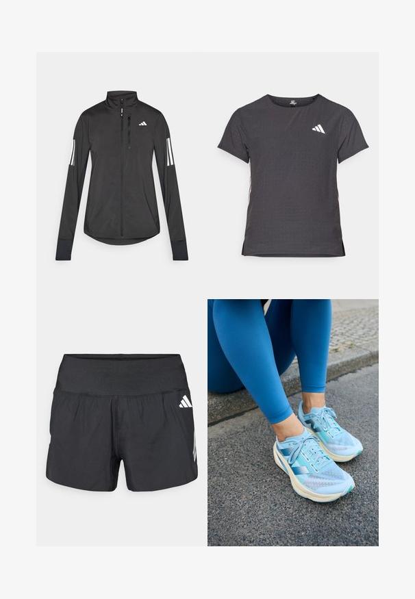 Giacchetto sportivo nero realizzato in materiale leggero. Presenta una chiusura frontale con zip, colletto alto e tre strisce bianche su ciascun manica.; T-shirt atletico a maniche corte, grigio scuro con texture perforata. Presenta un logo bianco e strisce laterali a contrasto. Girocollo.; Pantaloncini sportivi neri con una fascia elastica larga in vita, tessuto leggero e dettagli del logo bianco sul lato inferiore.; New Balance FUELCELL REBEL V4 - Scarpe da corsa su strada - blue