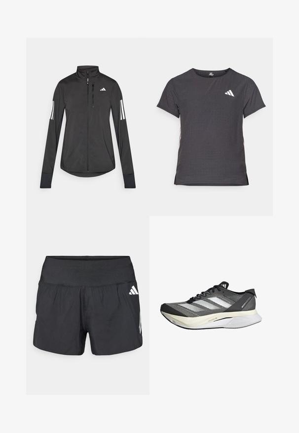 Black athletic jacket made of lightweight material. Features a front zipper, high collar, and three white stripes on each sleeve.; Short-sleeve athletic t-shirt, dark gray with perforated texture. Features a white logo and contrasting side stripes. Rounded neckline.; Black athletic shorts featuring a wide elastic waistband, lightweight fabric, and white logo accents on the lower side.; Black and white running shoe with a knitted upper, three side stripes, a lightweight sole, and textured detailing on the mesh.