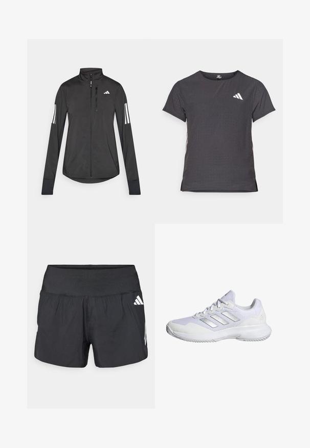 Black athletic jacket made of lightweight material. Features a front zipper, high collar, and three white stripes on each sleeve.; Short-sleeve athletic t-shirt, dark gray with perforated texture. Features a white logo and contrasting side stripes. Rounded neckline.; Black athletic shorts featuring a wide elastic waistband, lightweight fabric, and white logo accents on the lower side.; White athletic shoe with mesh upper, textured panels, and silver accents. Features a cushioned sole and round toe design.