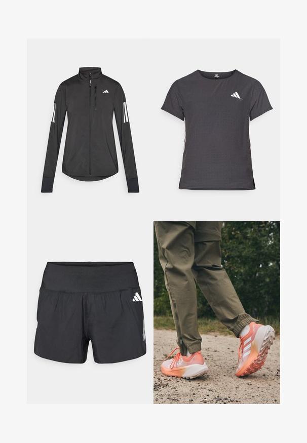 Schwarze Sportjacke aus leichtem Material. Mit einem Frontreißverschluss, hohem Kragen und drei weißen Streifen an jedem Ärmel.; Kurze Ärmel Sport-T-Shirt, dunkelgrau mit durchbrochener Textur. Enthält ein weißes Logo und kontrastierende Seitenstreifen. Runder Ausschnitt.; Schwarze Sportshorts mit einem breiten elastischen Bund, leichtem Stoff und weißen Logoakzenten an der unteren Seite.; Sportlich designte Schuhe mit einem Farbverlauf, hauptsächlich in Pink und Weiß, mit strukturierten Sohlen und kontrastierenden Schnürsenkeln, getragen zu olivgrünen Hosen.