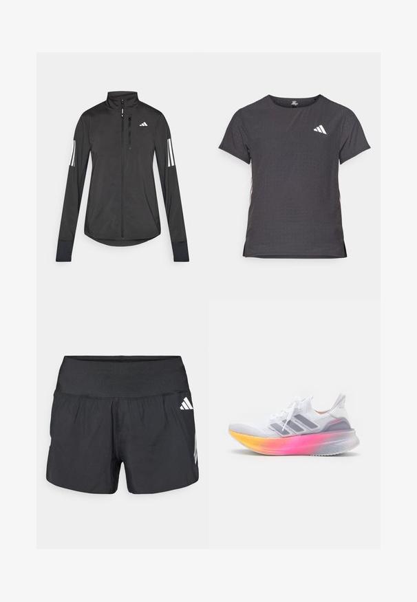 Zwarte sportjack gemaakt van lichtgewicht materiaal. Voorzien van een ritssluiting aan de voorkant, hoge kraag en drie witte strepen op elke mouw.; Korte mouwen sport t-shirt, donkergrijs met geperforeerde textuur. Bevat een wit logo en contrasterende zijstrepen. Ronde halslijn.; Zwarte sportshorts met een brede elastische tailleband, lichtgewicht stof en witte logo-accenten aan de onderkant zijkant.; Witte sportschoen met een ademend gebreid bovenwerk, drie grijze strepen en een verloop zool van roze naar geel. Heeft een gevoerd zool.