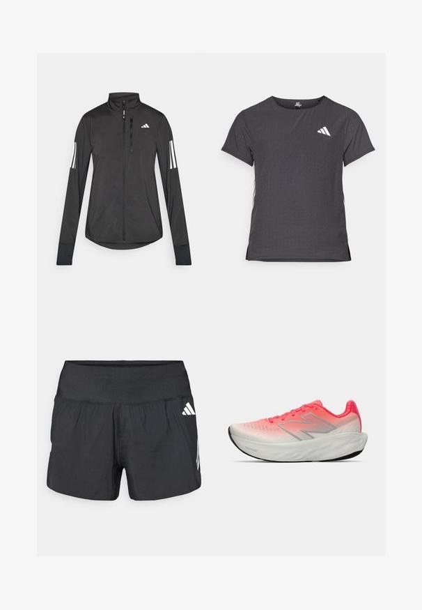 Chaqueta deportiva negra hecha de material ligero. Cuenta con una cremallera frontal, un cuello alto y tres franjas blancas en cada manga.; Camiseta atlética de manga corta, gris oscuro con textura perforada. Presenta un logo blanco y rayas laterales en contraste. Escote redondeado.; Pantalones cortos deportivos negros con una amplia cintura elástica, tela ligera y detalles de logo blancos en el lateral inferior.; Zapatilla deportiva con parte superior de malla en degradado rosa y blanco, con un logo plateado, suela acolchada y suela de goma texturizada.