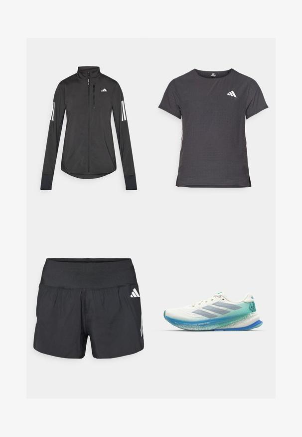 Veste de sport noire en matériau léger. Dotée d'une fermeture éclair sur le devant, d'un col haut et de trois rayures blanches sur chaque manche.; T-shirt de sport à manches courtes, gris foncé avec une texture perforée. Présente un logo blanc et des rayures latérales contrastantes. Encolure arrondie.; Shorts athlétiques noirs avec une large ceinture élastique, un tissu léger et des accents de logo blanc sur le bas côté.; Baskets de course blanches avec une tige en mesh respirant, une semelle intermédiaire bleu clair et des accents teal. Présente un design aérodynamique et une semelle texturée.