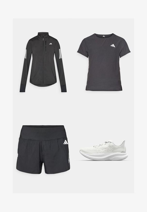 Veste de sport noire en matériau léger. Dotée d'une fermeture éclair sur le devant, d'un col haut et de trois rayures blanches sur chaque manche.; T-shirt de sport à manches courtes, gris foncé avec une texture perforée. Présente un logo blanc et des rayures latérales contrastantes. Encolure arrondie.; Shorts athlétiques noirs avec une large ceinture élastique, un tissu léger et des accents de logo blanc sur le bas côté.; Baskets de sport blanches avec une tige texturée, un design à lacets et une semelle rembourrée au profil ondulé. Marquage subtil sur le côté.