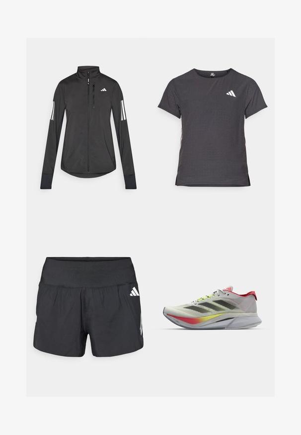 Giacchetto sportivo nero realizzato in materiale leggero. Presenta una chiusura frontale con zip, colletto alto e tre strisce bianche su ciascun manica.; T-shirt atletico a maniche corte, grigio scuro con texture perforata. Presenta un logo bianco e strisce laterali a contrasto. Girocollo.; Pantaloncini sportivi neri con una fascia elastica larga in vita, tessuto leggero e dettagli del logo bianco sul lato inferiore.; Scarpe da corsa leggere di colore grigio chiaro con accenti rossi; presentano una tomaia in mesh traspirante, strisce nere e una suola con gradiente colorato.