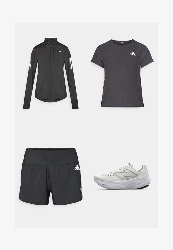 Chaqueta deportiva negra hecha de material ligero. Cuenta con una cremallera frontal, un cuello alto y tres franjas blancas en cada manga.; Camiseta atlética de manga corta, gris oscuro con textura perforada. Presenta un logo blanco y rayas laterales en contraste. Escote redondeado.; Pantalones cortos deportivos negros con una amplia cintura elástica, tela ligera y detalles de logo blancos en el lateral inferior.; Zapatillas deportivas blancas con parte superior de malla, que cuentan con un cuello acolchado, suela texturizada y la marca "Fresh Foam" en la entresuela.
