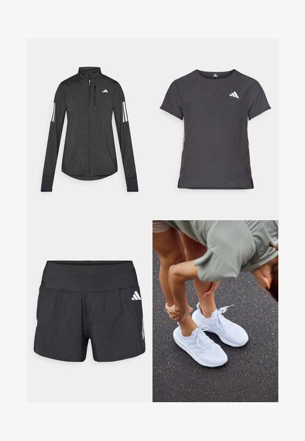 Chaqueta deportiva negra hecha de material ligero. Cuenta con una cremallera frontal, un cuello alto y tres franjas blancas en cada manga.; Camiseta atlética de manga corta, gris oscuro con textura perforada. Presenta un logo blanco y rayas laterales en contraste. Escote redondeado.; Pantalones cortos deportivos negros con una amplia cintura elástica, tela ligera y detalles de logo blancos en el lateral inferior.; Zapatillas deportivas blancas con paneles de malla y suelas texturizadas, con cordones y un diseño acolchado, colocadas sobre una superficie de asfalto.