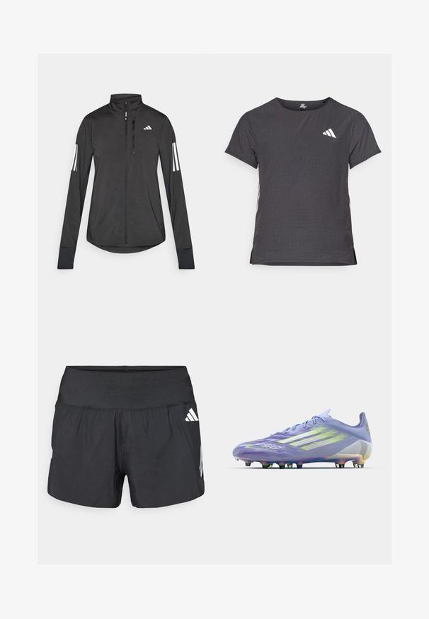 Černá atletická bunda vyrobená z lehkého materiálu. Má přední zip, vysoký límec a tři bílé pruhy na každém rukávu.; Kraťasový sportovní tričko, tmavě šedé barvy s perforovanou texturou. Obsahuje bílé logo a kontrastní boční pruhy. Kulatý výstřih.; Černé sportovní šortky s širokým elastickým pasem, lehkou tkaninou a bílými logy na dolní straně.; Světle fialový fotbalový kopačka s iridescentními akcenty, texturovaný vzor na svršku, šest černých trnů a tři bílé pruhy po straně.