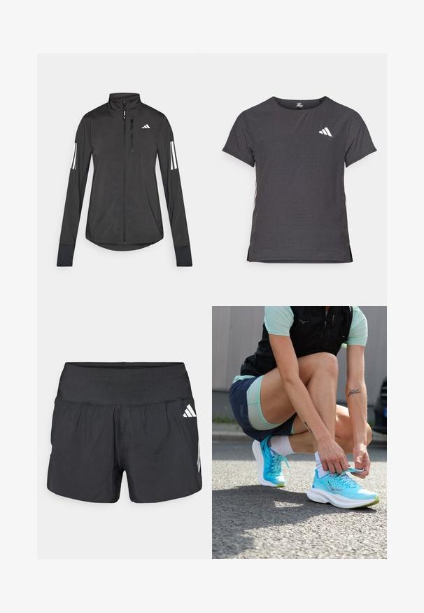 Svart idrottsjacka i lätt material. Har en framzipper, hög krage och tre vita ränder på varje ärm.; Kortärmad atletisk t-shirt, mörkgrå med perforerad textur. Har en vit logotyp och kontrasterande sidostripes. Rundad halsringning.; Svarta sportshorts med bred resår i midjan, lättviktstyg och vita logodetaljer på nedre sidan.; Lätta turkosa löparskor med övre i texturerad mesh, vita sulor och gröna detaljer, som snörs av en person på ett trottoar.