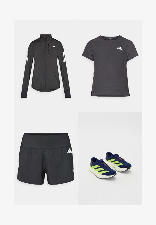 Crni sportski jakna napravljena od laganog materijala. Ima prednji zatvarač, visoki ovratnik i tri bijele pruge na svakoj rukavu.; Majica kratkih rukava za sport, tamno siva s perforiranim uzorkom. Ima bijeli logo i kontrastne bočne pruge. Zaobljeni izrez.; Crne sportske kratke hlače s širokim elastičnim pojasom, laganom tkaninom i bijelim logotipom na donjoj strani.; Tamno plave tenisice za trčanje s neon zelenim prugama, teksturirani gornji dio, podstavljeni bijeli đon, vezivanje na vezice i crveni naglasak na jeziku.