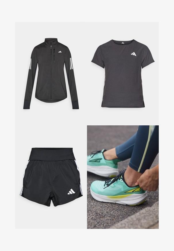 Must mustriga mustrin, millel on esiküljel lukuga, kõrge krae ja igal varrukal kolm valget triipu.; Lühikese varrukaga sportlik T-särk, tumehall, perforatsiooni tekstuuriga. Omab valget logo ja kontrastset külgtriipu. Ümar kaelus.; Mustad mustad lühikesed püksid, mis on valmistatud kergest materjalist, laia vöökoha, valgete külgtriipude ja väikese valge logoga alumises servas.; Altra EXPERIENCE FLOW - Maanteejooksu jalatsid - mint