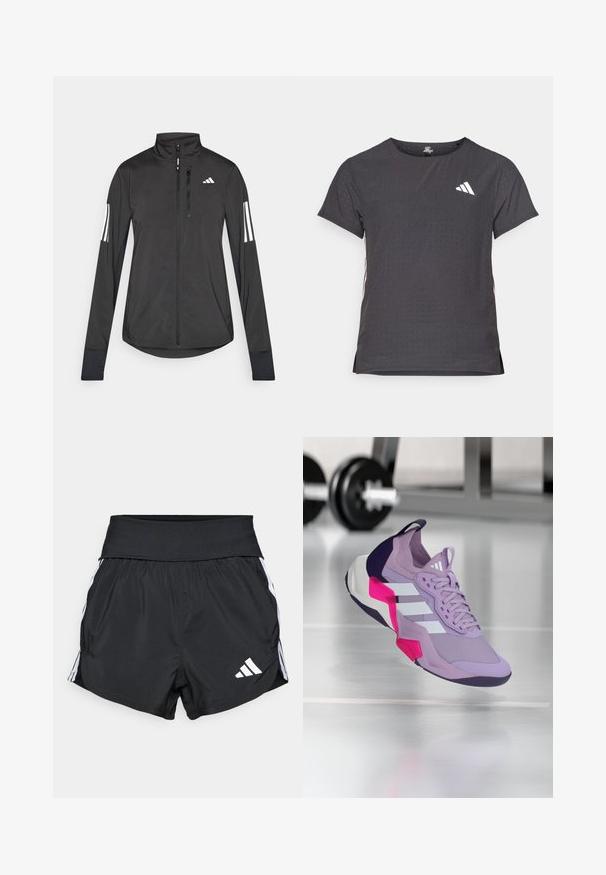 Melnā sporta jaka, izgatavota no viegla materiāla. Tajā ir priekšējais rāvējslēdzis, augsta apkakle un trīs baltas svītras katrā piedurknē.; Īsām piedurkņu sporta T-krekls, tumši pelēks ar perforētu tekstūru. Iespējots ar baltu logotipu un kontrastējošām sānu svītrām. Apaļa kakla izgriezums.; Melni sporta šorti, izgatavoti no viegla materiāla, ar plašu jostu, baltām sānu svītrām un mazu baltu logotipu apakšējā malā.; Violet sporta apavi ar sietiņa augšdaļu, baltām svītrām, rozā un melniem akcentiem, mīkstu apkakli un teksturētu zoli, kas paredzēti optimālai veiktspējai.