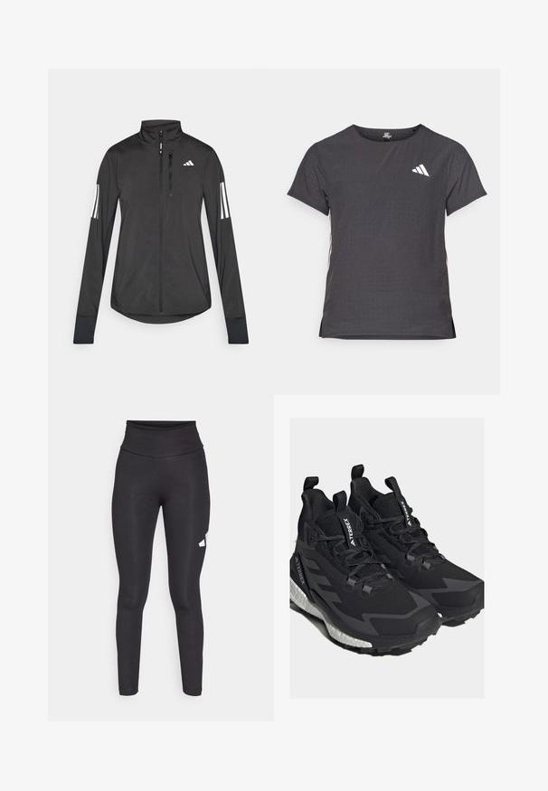 Jachetă sport neagră din material ușor. Are un fermoar frontal, guler înalt și trei dungi albe pe fiecare manșon.; Tricou athletic cu mânecă scurtă, gri închis, cu textură perforată. Prezentă un logo alb și dungi contrastante pe laterale. Guler rotunjit.; Colanți negri cu talie înaltă, dintr-un material neted și elastic, având un logo alb pe partea stângă. Design ajustat, fără modele.; adidas Terrex TERREX FREE HIKER 2 GTX W - Pantofi drumeție - core black/grey six/ftwr white
