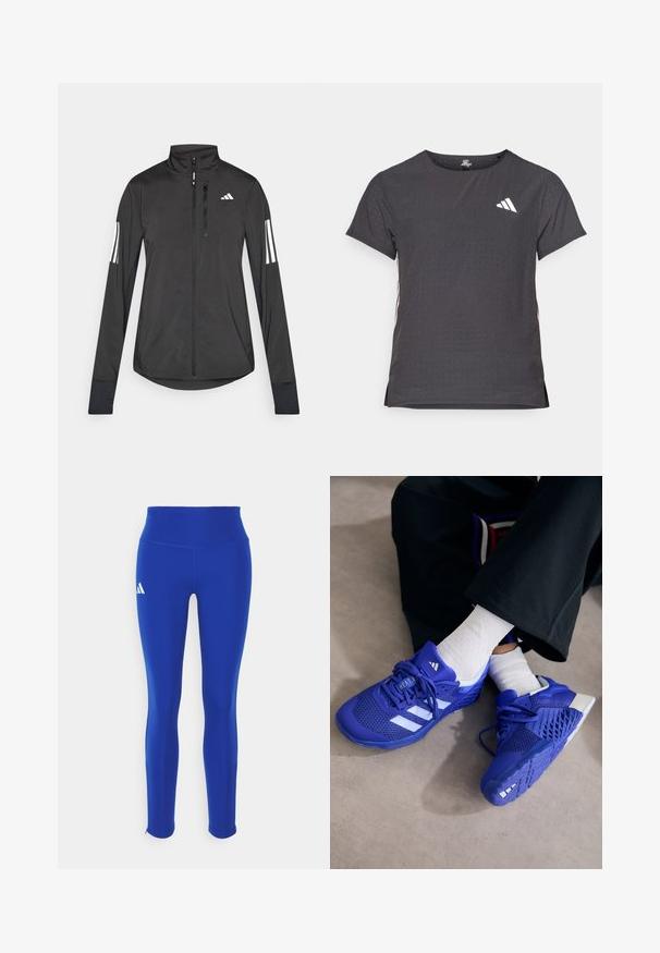 Črna športna jakna iz lahkega materiala. Ima sprednji zadrgo, visok ovratnik in tri bele črte na vsaki rokavi.; Kratka športna majica s kratkimi rokavi, temno siva z perforirano teksturo. Ima bel logotip in kontrastne stranske črte. Okrogel ovratnik.; Modre atletske legice z visokim pasom, narejene iz raztegljivega materiala, z belim logotipom na levem boku in diskretnimi robovi.; Kraljevo modri športni čevlji z belimi poudarki; mrežasta zgornji del, teksturirane strani, debel gumijast podplat in podroben sistem vezalk.