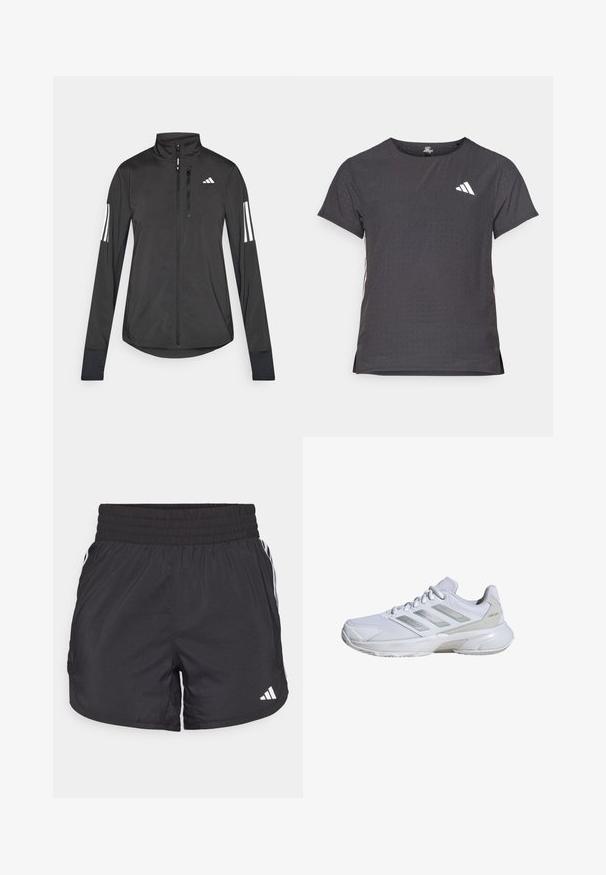 Chaqueta deportiva negra hecha de material ligero. Cuenta con una cremallera frontal, un cuello alto y tres franjas blancas en cada manga.; Camiseta atlética de manga corta, gris oscuro con textura perforada. Presenta un logo blanco y rayas laterales en contraste. Escote redondeado.; Pantalones cortos deportivos negros con cintura elástica, bolsillos laterales y detalles de rayas blancas en los lados. Hechos de un material ligero.; Zapatilla deportiva blanca con parte superior de malla transpirable, detalles en plateado, suela acolchada y sistema de cordones seguro. Paneles texturizados en los laterales.