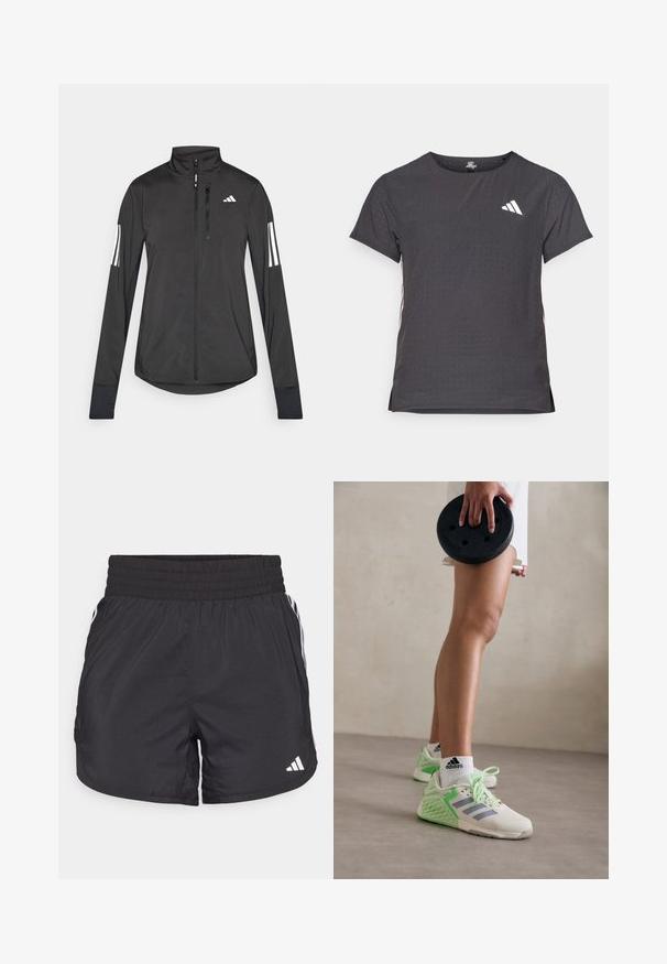 Čierna športová bunda vyrobená z ľahkého materiálu. Má zips vpredu, vysoký golier a tri biele pruhy na každom rukáve.; Tričko s krátkym rukávom pre šport, tmavosivé s perforovanou textúrou. Obsahuje biele logo a kontrastné bočné pruhy. Okrúhly výstrih.; Čierne športové šortky s elastickým pásom, bočnými vreckami a bielymi pruhmi po stranách. Vyrobené z ľahkého materiálu.; Ľahké atletické topánky s krémovo-mincovou farebnou schémou, sieťovaným zvrškom, textúrovanými bočnými detailmi a šnúrkami pre pevné uchopenie.