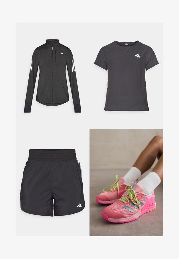 Giacchetto sportivo nero realizzato in materiale leggero. Presenta una chiusura frontale con zip, colletto alto e tre strisce bianche su ciascun manica.; T-shirt atletico a maniche corte, grigio scuro con texture perforata. Presenta un logo bianco e strisce laterali a contrasto. Girocollo.; Pantaloni sportivi neri con elastico in vita, tasche laterali e strisce bianche ai lati. Realizzati in materiale leggero.; adidas Performance DROPSET 3 - Scarpe da allenamento - semi pink spark/iron metallic/silver dawn