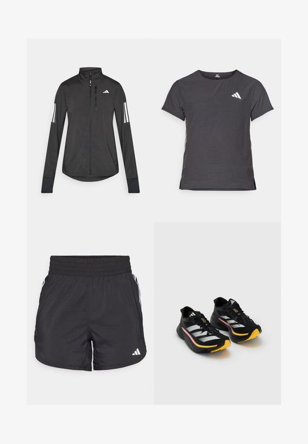 Čierna športová bunda vyrobená z ľahkého materiálu. Má zips vpredu, vysoký golier a tri biele pruhy na každom rukáve.; Tričko s krátkym rukávom pre šport, tmavosivé s perforovanou textúrou. Obsahuje biele logo a kontrastné bočné pruhy. Okrúhly výstrih.; Čierne športové šortky s elastickým pásom, bočnými vreckami a bielymi pruhmi po stranách. Vyrobené z ľahkého materiálu.; Čierne atletické topánky s bielymi pruhmi, žltými detailmi na špičke a štruktúrovaným zvrškom. Majú polstrovanú podrážku a čierne šnúrky.