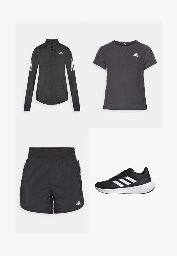 Zwarte sportjack gemaakt van lichtgewicht materiaal. Voorzien van een ritssluiting aan de voorkant, hoge kraag en drie witte strepen op elke mouw.; Korte mouwen sport t-shirt, donkergrijs met geperforeerde textuur. Bevat een wit logo en contrasterende zijstrepen. Ronde halslijn.; Zwarte sportieve shorts met een elastische tailleband, zijzakken en witte streepaccenten aan de zijkanten. Gemaakt van lichtgewicht materiaal.; Zwarte sportieve schoen met een bovenwerk van mesh en een witte drie-strepen ontwerp. Bevat een gecushioneerde zool en een geribbelde rubberen buitenzool voor grip.